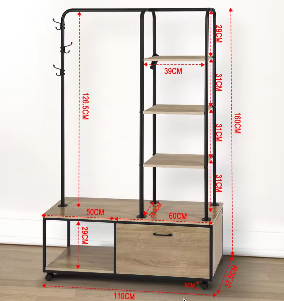 Vrijstaand Kledingrek met Schoenenrek en nbsp; Kast – Met Wielen en Haken