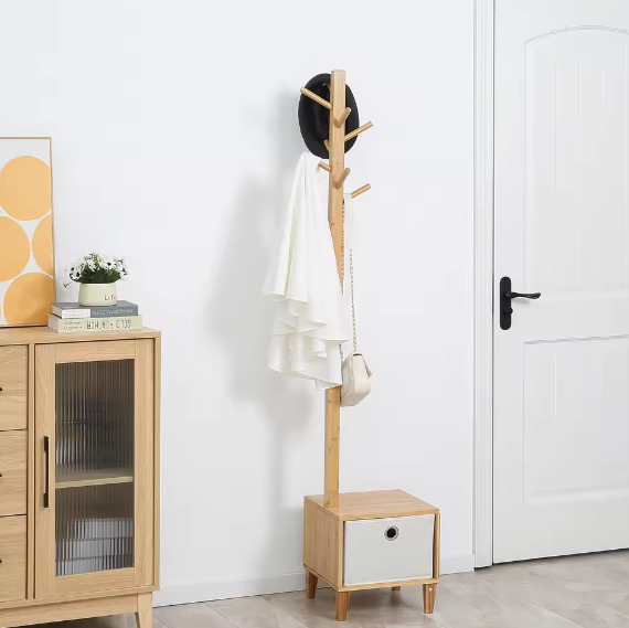Bamboe Kapstok met Bank, Lade en 8 Haken – Compact en Functioneel