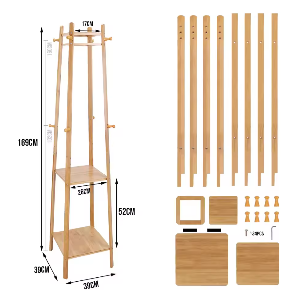 Bamboe Kapstok met 3 Planken en 8 Haken – Stabiel en Praktisch