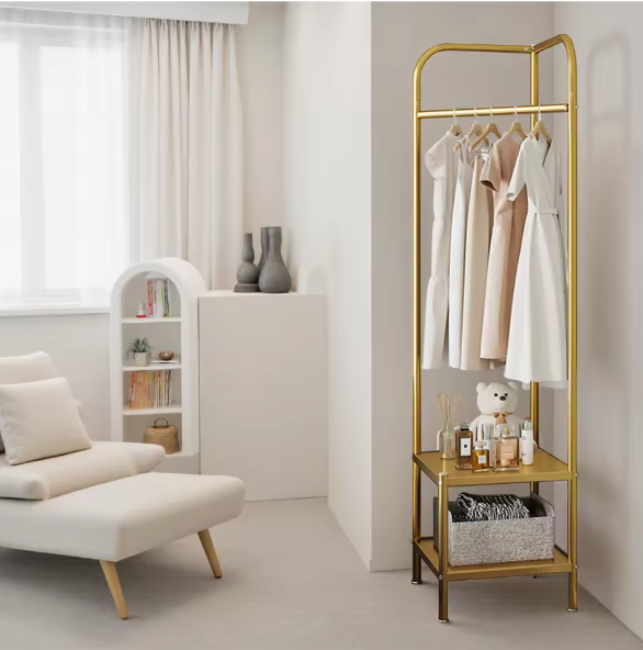 Metalen Vrijstaande Hoekkapstok met Dubbele Opbergplank – Ruimtebesparend Kledingrek voor Hal en Slaapkamer