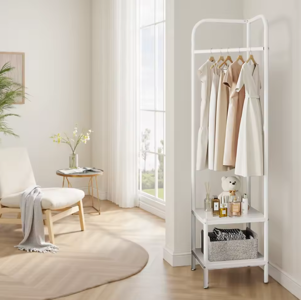 Metalen Vrijstaande Hoekkapstok met Dubbele Opbergplank – Ruimtebesparend Kledingrek voor Hal en Slaapkamer
