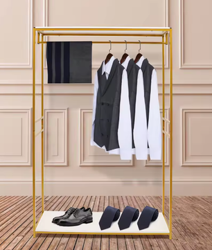 Vrijstaand Goudkleurig Kledingrek met Houten Plank – Stijlvol en Stabiel Opbergrek voor Hal of Boetiek