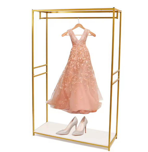 Vrijstaand Goudkleurig Kledingrek met Houten Plank – Stijlvol en Stabiel Opbergrek voor Hal of Boetiek