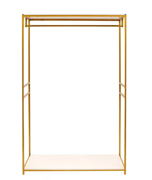 Vrijstaand Goudkleurig Kledingrek met Houten Plank – Stijlvol en Stabiel Opbergrek voor Hal of Boetiek