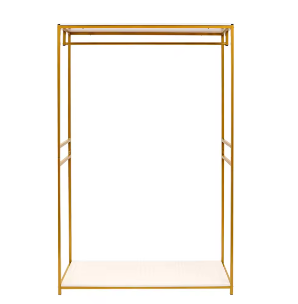 Vrijstaand Goudkleurig Kledingrek met Houten Plank – Stijlvol en Stabiel Opbergrek voor Hal of Boetiek