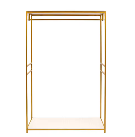 Vrijstaand Goudkleurig Kledingrek met Houten Plank – Stijlvol en Stabiel Opbergrek voor Hal of Boetiek