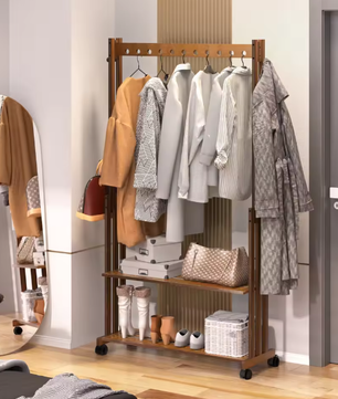 Vintage Bamboe Kledingstandaard met Planken en Wielen – Vrijstaand Rek voor Hal en Slaapkamer