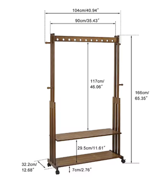 Vintage Bamboe Kledingstandaard met Planken en Wielen – Vrijstaand Rek voor Hal en Slaapkamer
