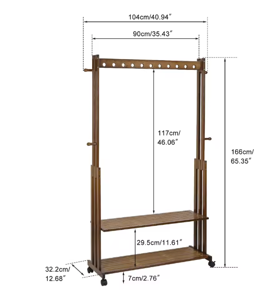 Vintage Bamboe Kledingstandaard met Planken en Wielen – Vrijstaand Rek voor Hal en Slaapkamer