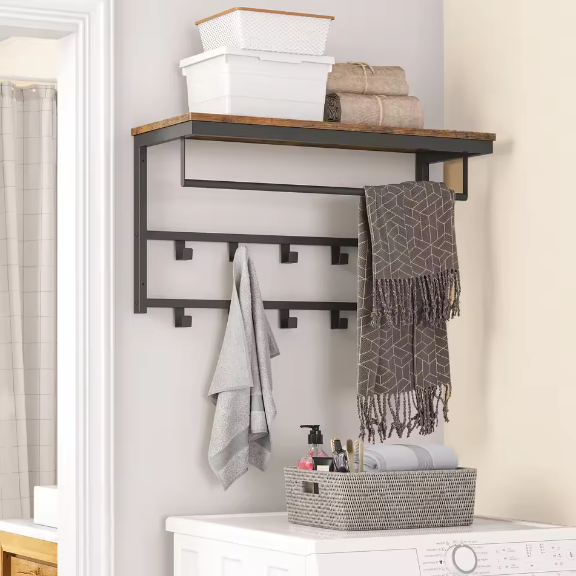 Wandkapstok met Plank, Ophangstang en 10 Haken – Ruimtebesparende Wandgarderobe voor Hal en Woonkamer