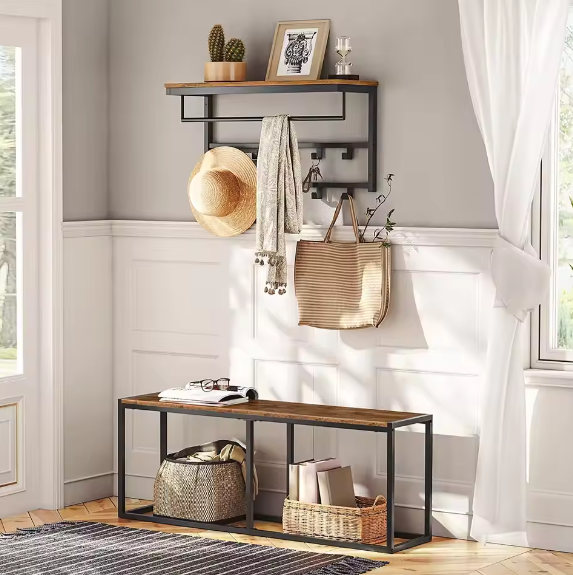 Wandkapstok met Plank, Ophangstang en 10 Haken – Ruimtebesparende Wandgarderobe voor Hal en Woonkamer