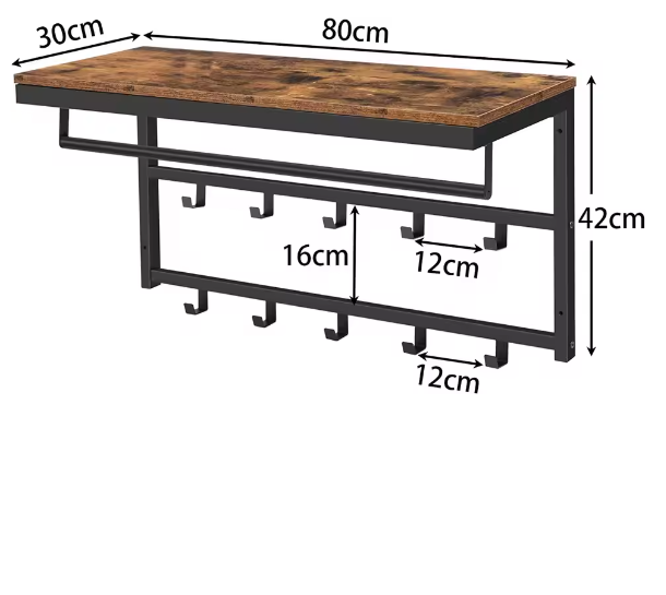 Wandkapstok met Plank, Ophangstang en 10 Haken – Ruimtebesparende Wandgarderobe voor Hal en Woonkamer