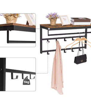 Wandkapstok met Plank, Ophangstang en 10 Haken – Ruimtebesparende Wandgarderobe voor Hal en Woonkamer