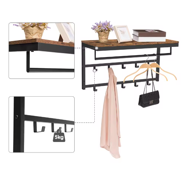 Wandkapstok met Plank, Ophangstang en 10 Haken – Ruimtebesparende Wandgarderobe voor Hal en Woonkamer