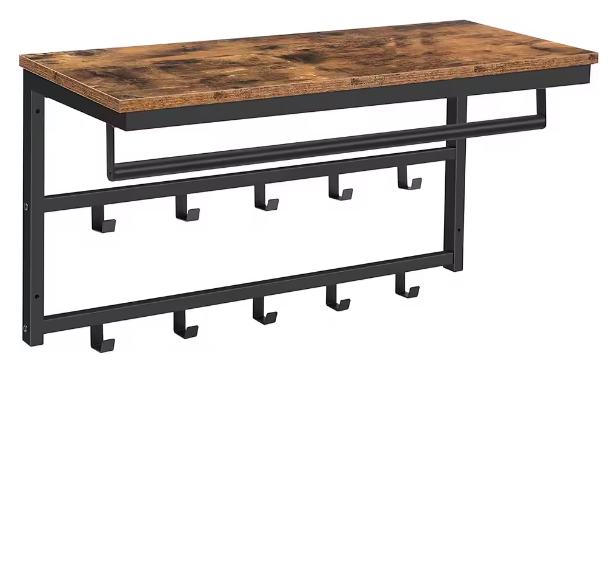 Wandkapstok met Plank, Ophangstang en 10 Haken – Ruimtebesparende Wandgarderobe voor Hal en Woonkamer