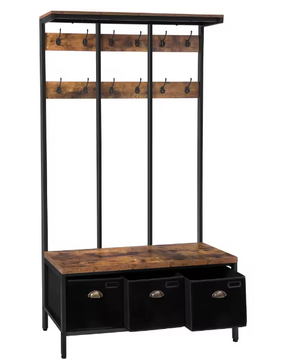 Industriële Kapstok met Bank, Schoenenrek en 3 Opbergvakken – 12 Haken