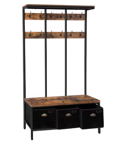 Industriële Kapstok met Bank, Schoenenrek en 3 Opbergvakken – 12 Haken