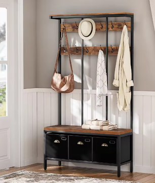 Industriële Kapstok met Bank, Schoenenrek en 3 Opbergvakken – 12 Haken