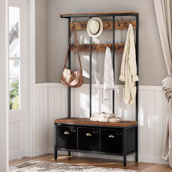 Industriële Kapstok met Bank, Schoenenrek en 3 Opbergvakken – 12 Haken