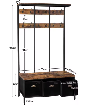 Industriële Kapstok met Bank, Schoenenrek en 3 Opbergvakken – 12 Haken