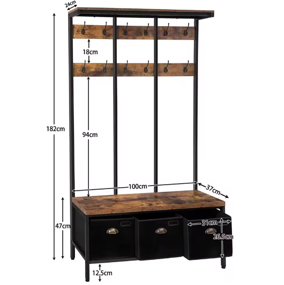 Industriële Kapstok met Bank, Schoenenrek en 3 Opbergvakken – 12 Haken