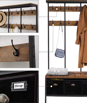 Industriële Kapstok met Bank, Schoenenrek en 3 Opbergvakken – 12 Haken
