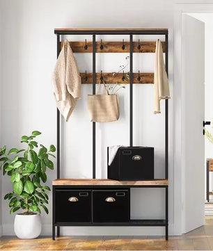 Industriële Kapstok met Bank, Schoenenrek en 3 Opbergvakken – 12 Haken