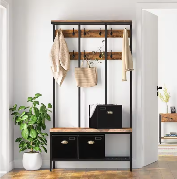Industriële Kapstok met Bank, Schoenenrek en 3 Opbergvakken – 12 Haken