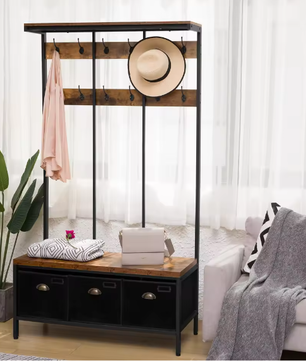 Industriële Kapstok met Bank, Schoenenrek en 3 Opbergvakken – 12 Haken