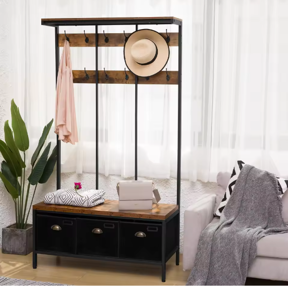 Industriële Kapstok met Bank, Schoenenrek en 3 Opbergvakken – 12 Haken