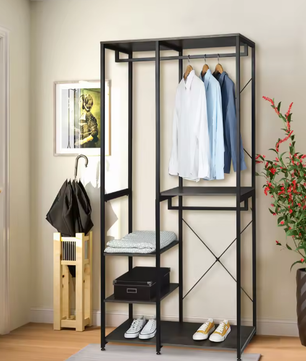 Vrijstaande Houten Kapstok met Stalen Frame en Schoenenrek