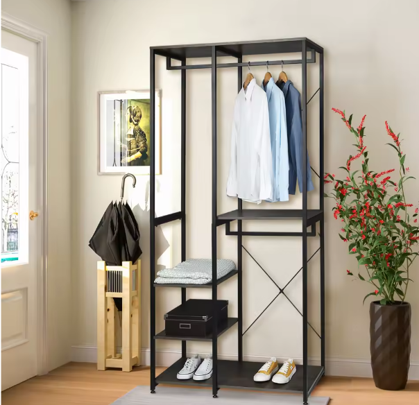 Vrijstaande Houten Kapstok met Stalen Frame en Schoenenrek