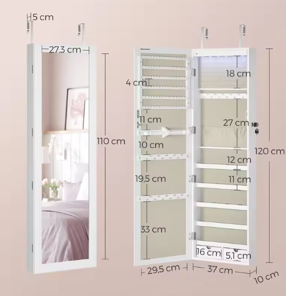Wandspiegel Sieradenkast met Opbergvakken en Slot