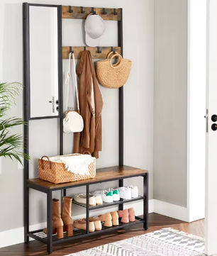 4-in-1 Kapstok met Spiegel, Schoenenrek en Zitbank – Multifunctioneel Halmeubel