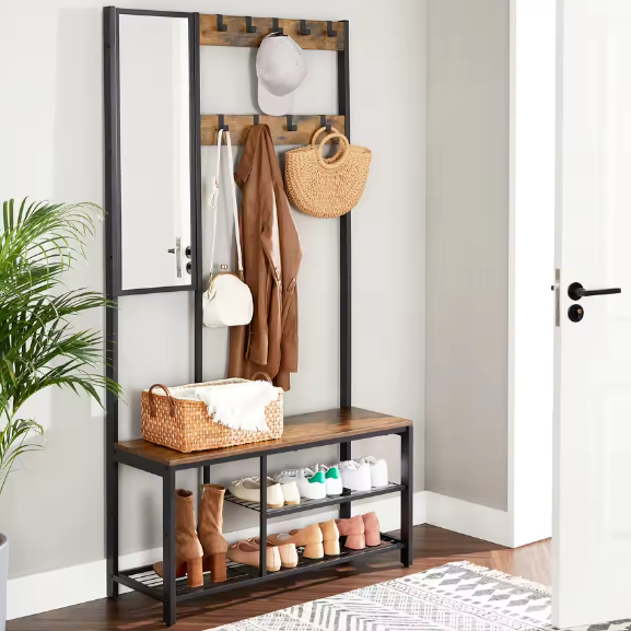 4-in-1 Kapstok met Spiegel, Schoenenrek en Zitbank – Multifunctioneel Halmeubel