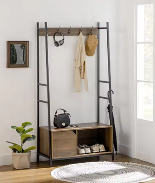 Multifunctioneel Kapstokrek met Schoenenbank, Kast en Open Plank – Industrieel Ontwerp