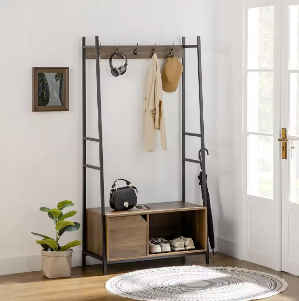 Multifunctioneel Kapstokrek met Schoenenbank, Kast en Open Plank – Industrieel Ontwerp