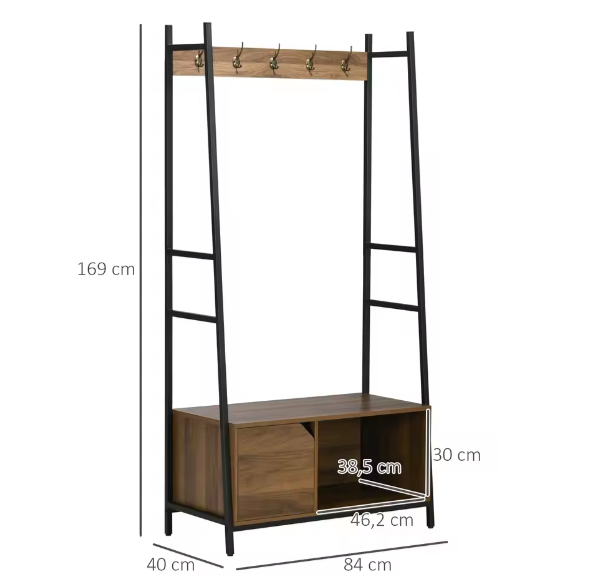 Multifunctioneel Kapstokrek met Schoenenbank, Kast en Open Plank – Industrieel Ontwerp