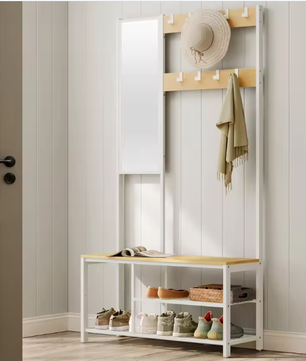 4-in-1 Kapstok met Spiegel, Schoenenrek en Zitbank – Multifunctioneel Halmeubel