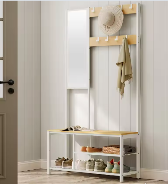 4-in-1 Kapstok met Spiegel, Schoenenrek en Zitbank – Multifunctioneel Halmeubel