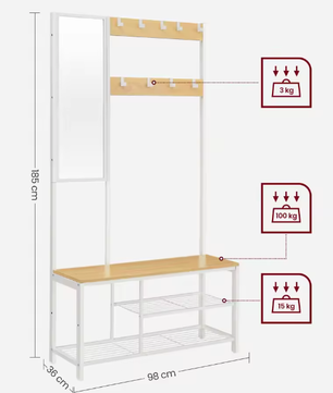 4-in-1 Kapstok met Spiegel, Schoenenrek en Zitbank – Multifunctioneel Halmeubel