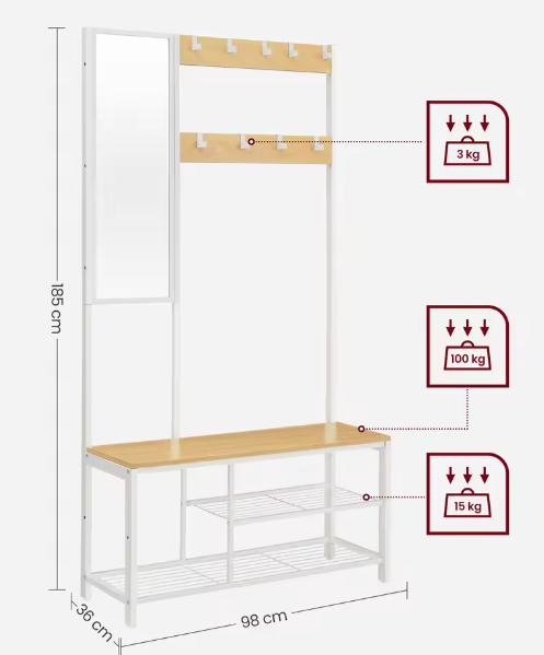 4-in-1 Kapstok met Spiegel, Schoenenrek en Zitbank – Multifunctioneel Halmeubel