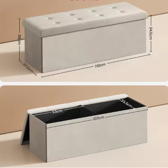 Opvouwbare Kruk met Opbergruimte – Linnen en MDF, 118L Opslagcapaciteit, Max. 300KG