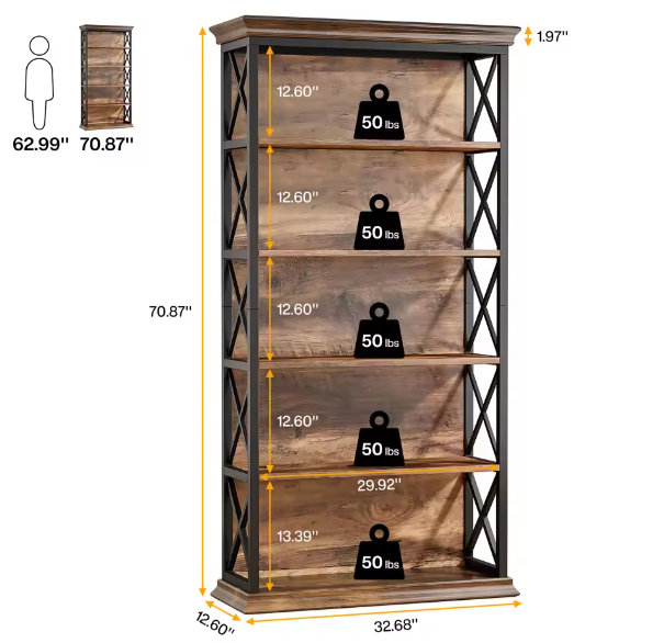 Industriële Boekenkast met 5 Lagen – Stijlvol Open Opbergsysteem voor Woonkamer, Slaapkamer of Kantoor