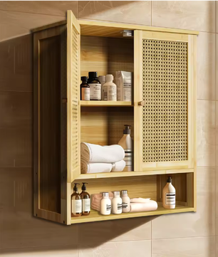 Bamboe Wandkast voor Badkamer – Hangend Opbergkastje met Deuren en Legplanken