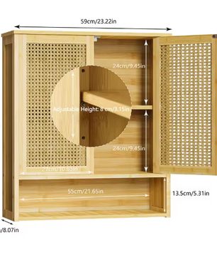 Bamboe Wandkast voor Badkamer – Hangend Opbergkastje met Deuren en Legplanken