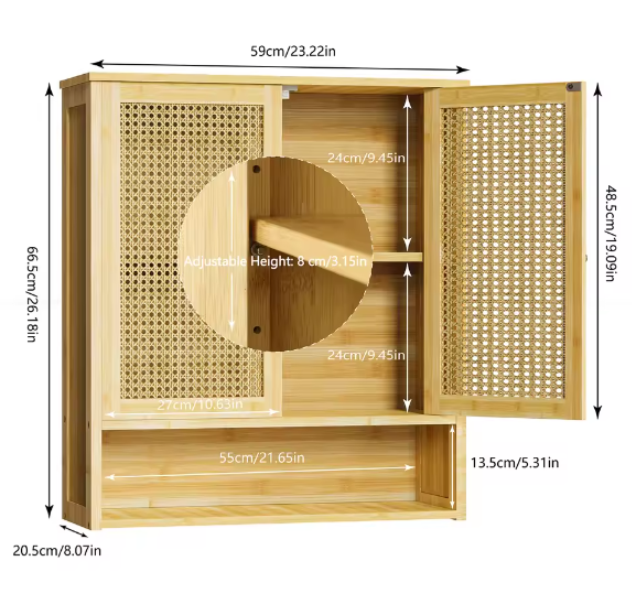 Bamboe Wandkast voor Badkamer – Hangend Opbergkastje met Deuren en Legplanken