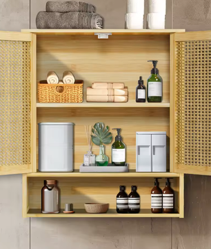 Bamboe Wandkast voor Badkamer – Hangend Opbergkastje met Deuren en Legplanken