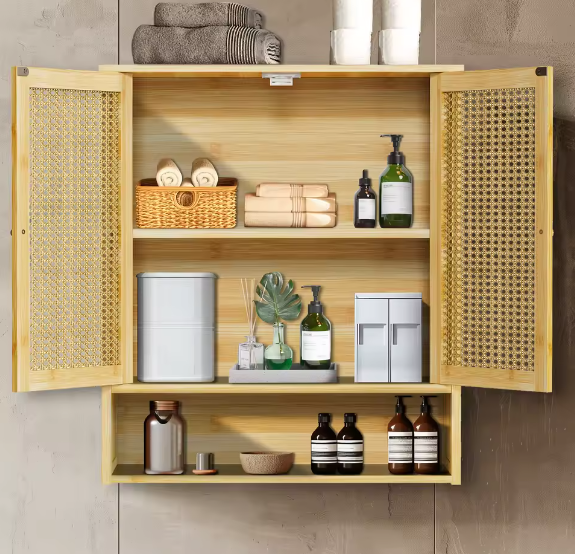 Bamboe Wandkast voor Badkamer – Hangend Opbergkastje met Deuren en Legplanken