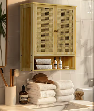 Bamboe Wandkast voor Badkamer – Hangend Opbergkastje met Deuren en Legplanken